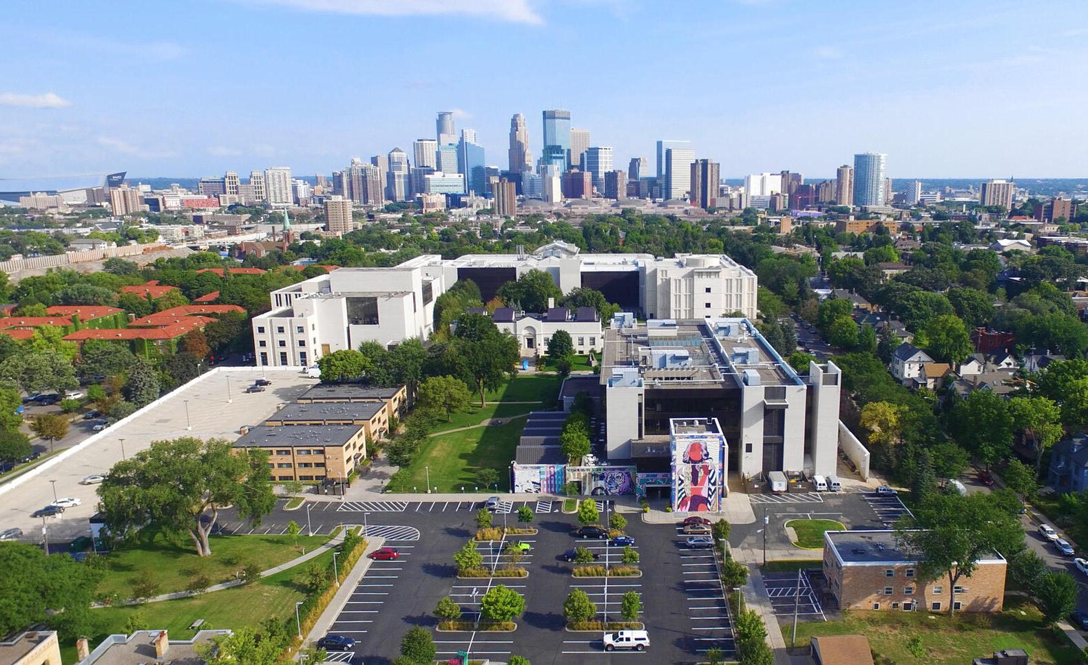 Aerial view of MCAD's campus with Mia and the minneapolis skyline in the background