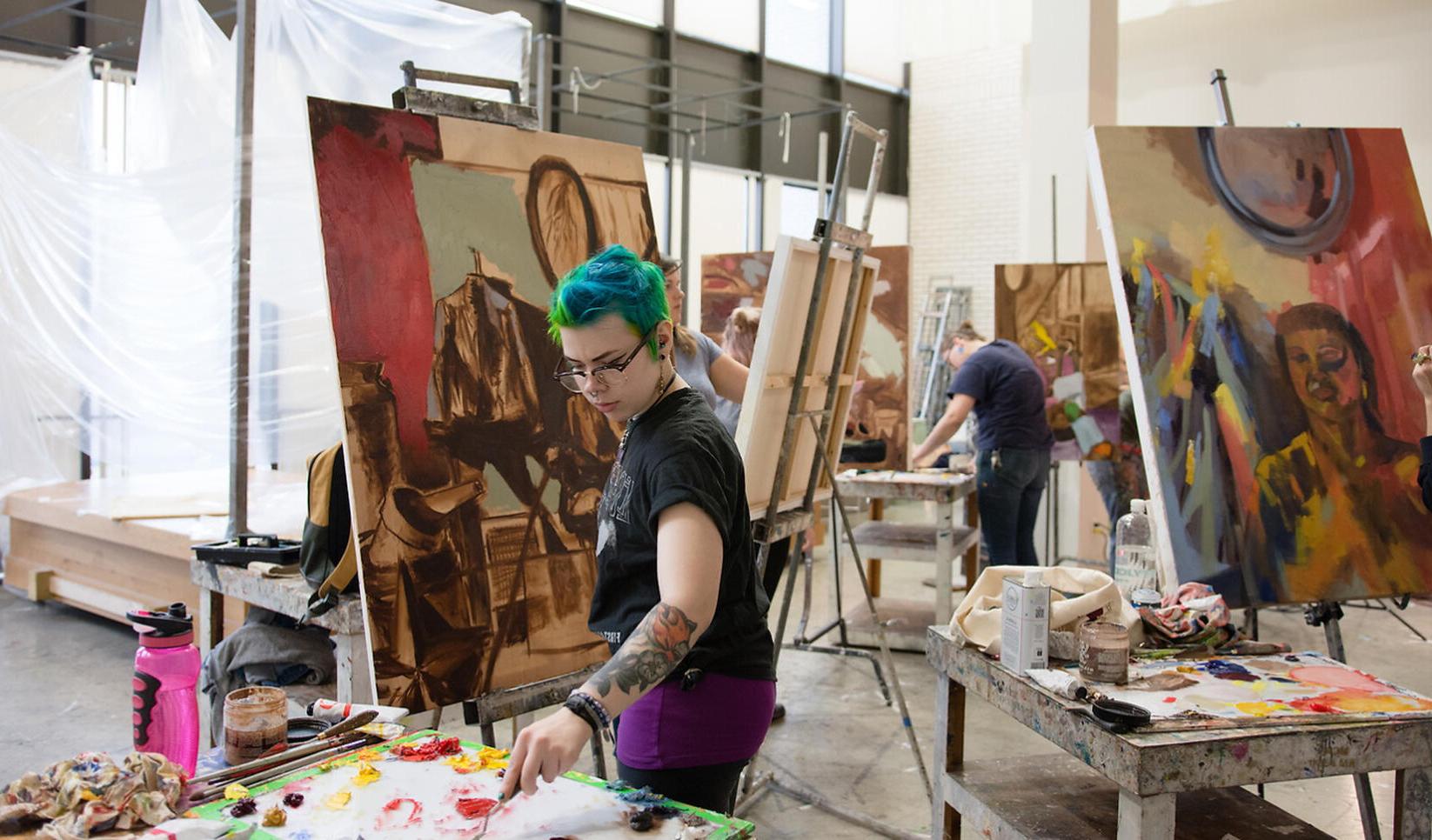 Students working in the painting studio