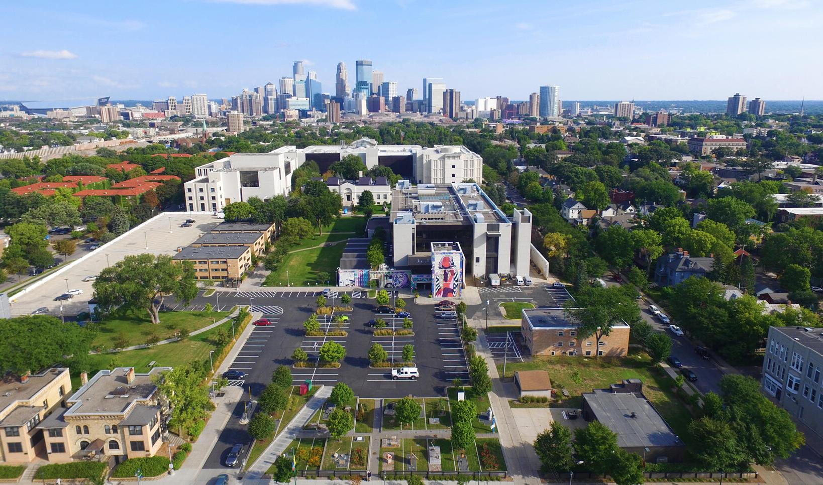 Aerial view of MCAD and Minneapolis skyline
