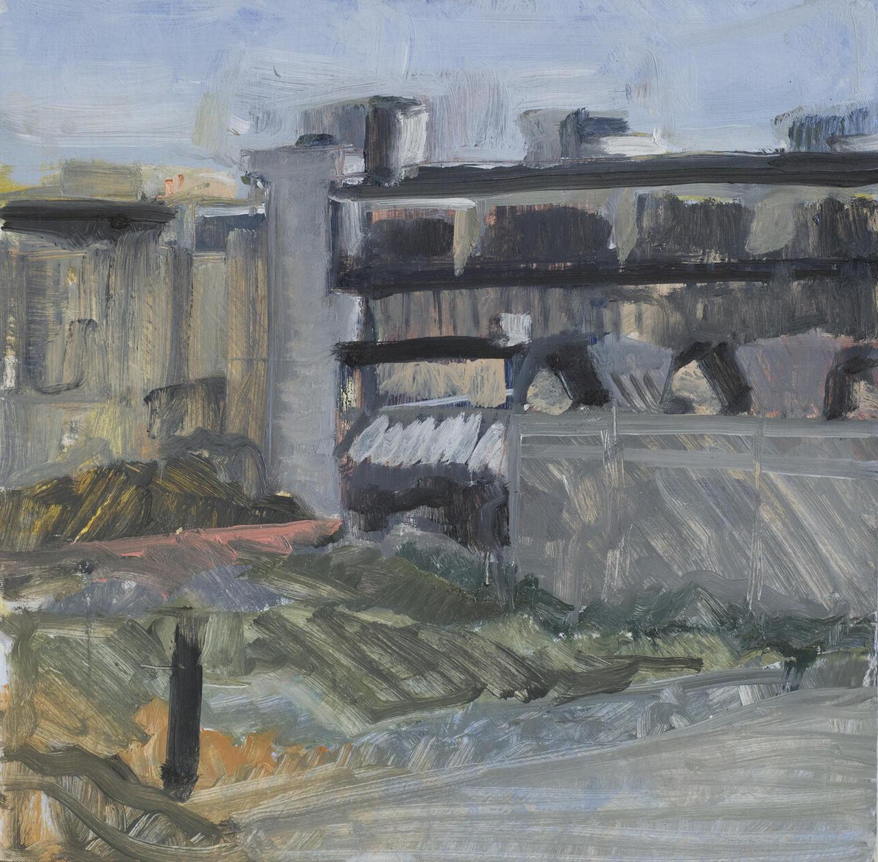 Textural painting of buildings during the daytime.