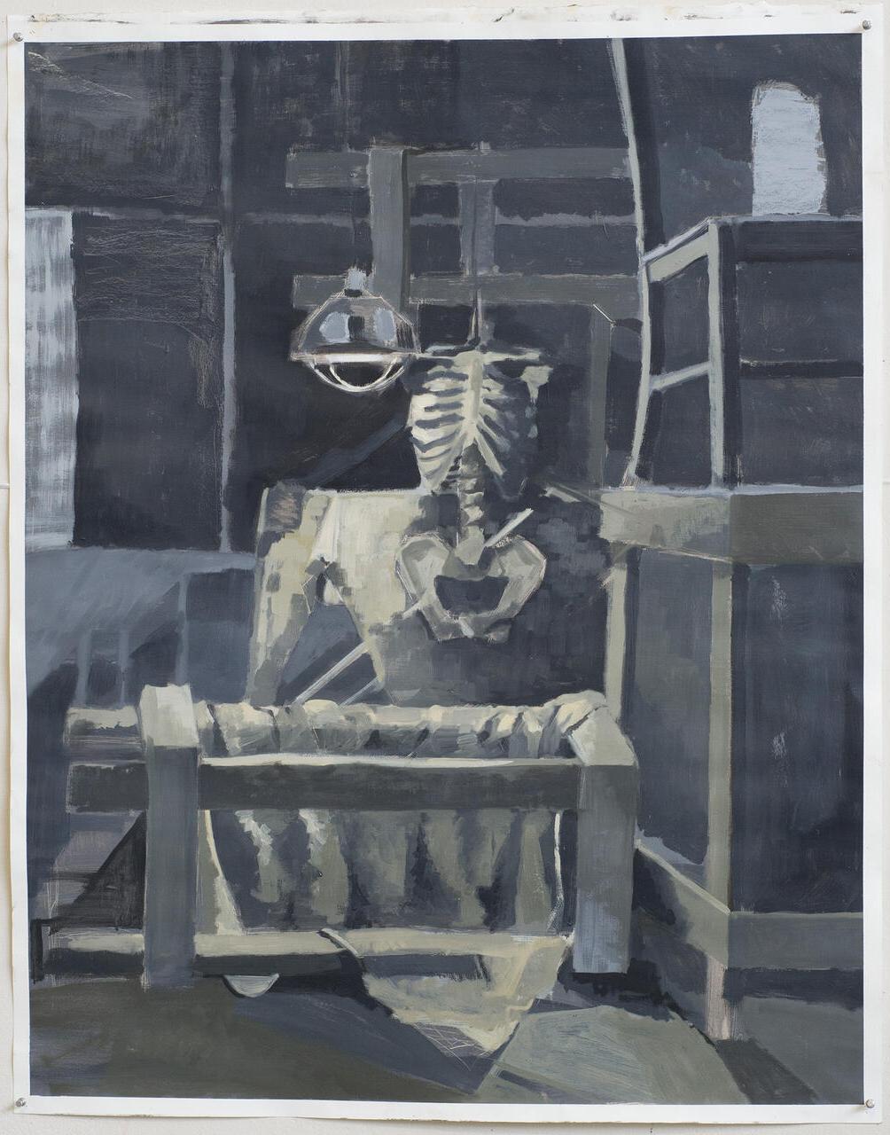Still life painting emphasizing a skeleton in the center of the composition.