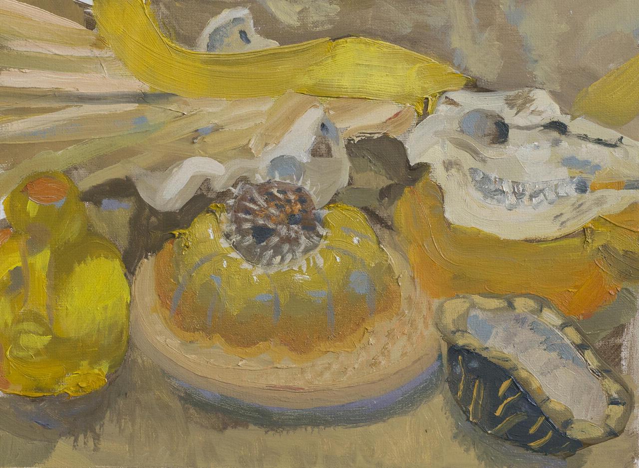 Closely set still life painting rendered in shades of yellow.