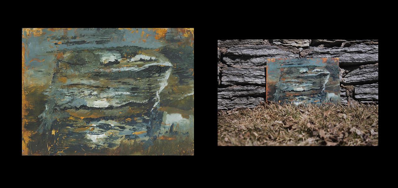 Oil painting of teal and gold shades and photograph of painting presented against rocks.