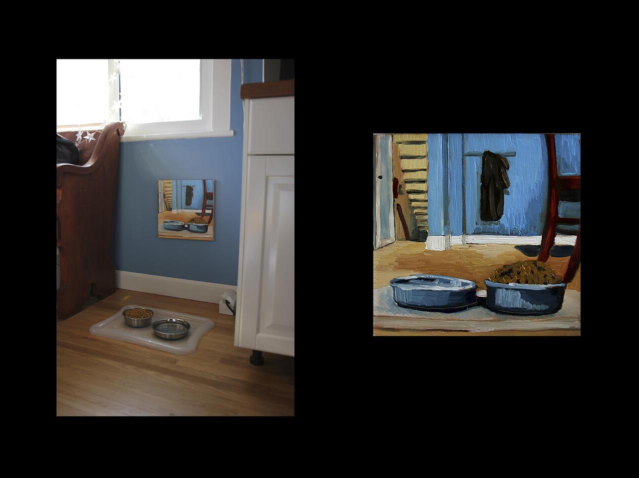 Dual photograph of an animal feeding bowls painting and the painting hanging above the bowls.